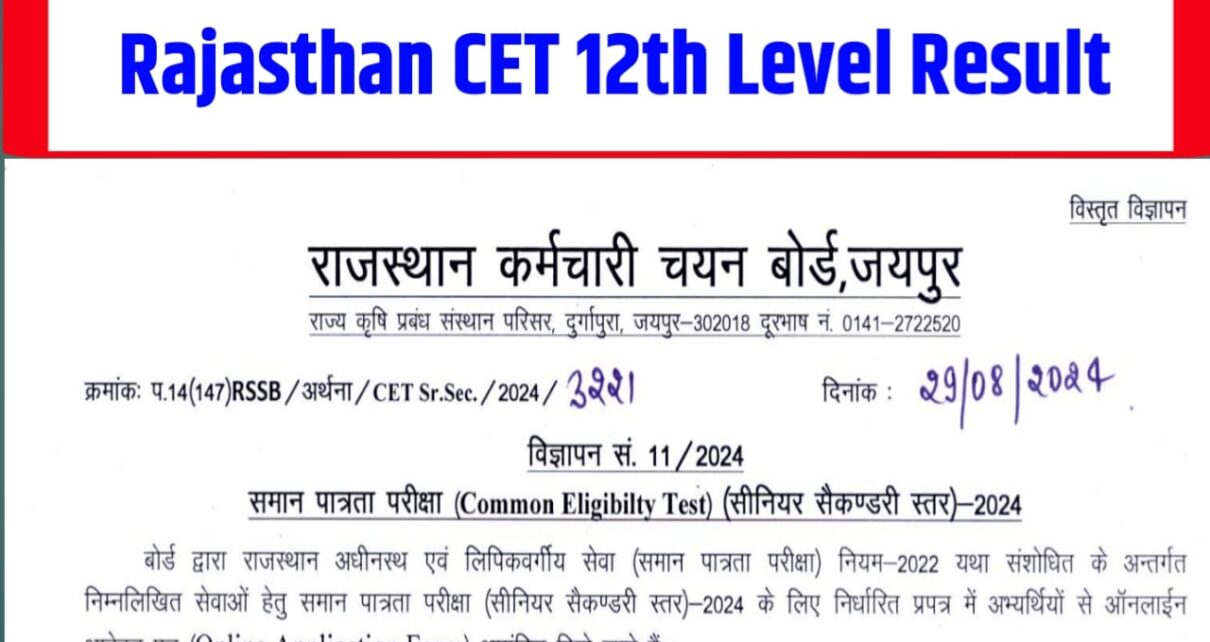 Rajasthan CET 12th Level Result 2024